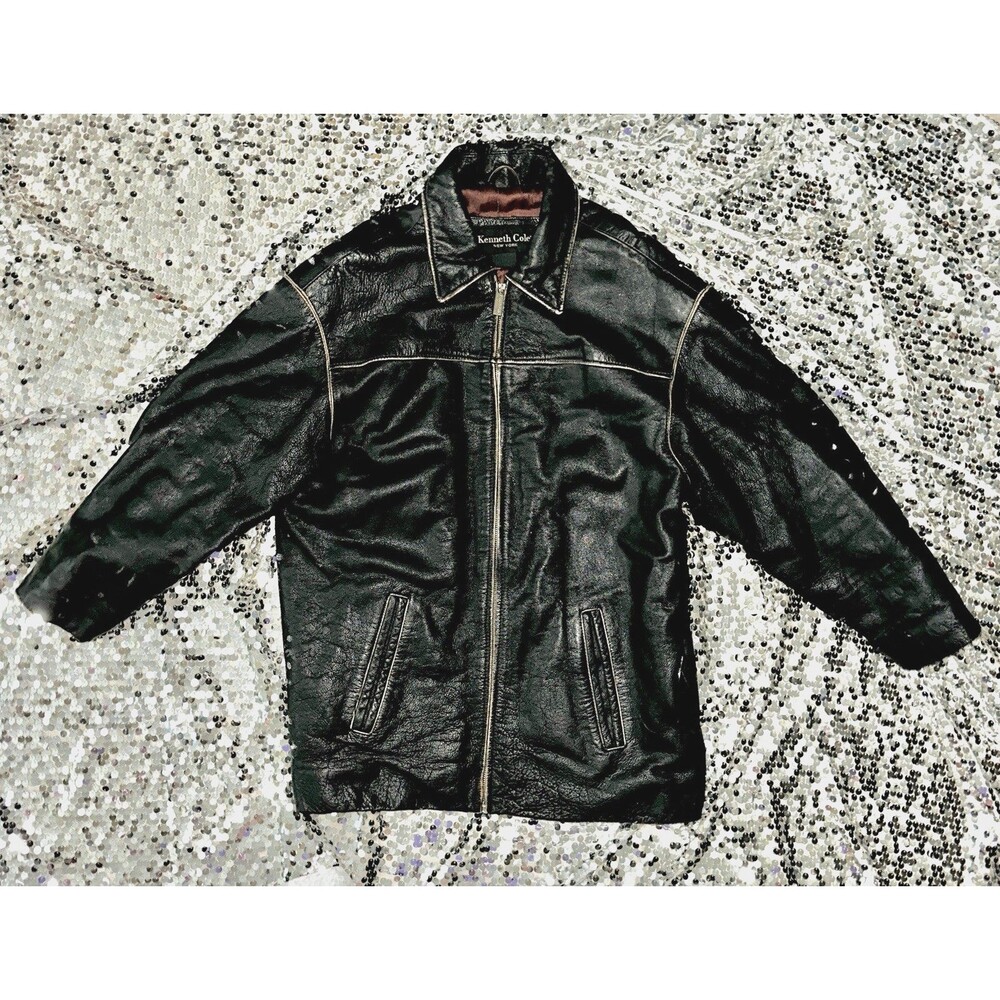 Kenneth Cole Men’s Leather Jacket Black Zip Coat M Distressed Lined